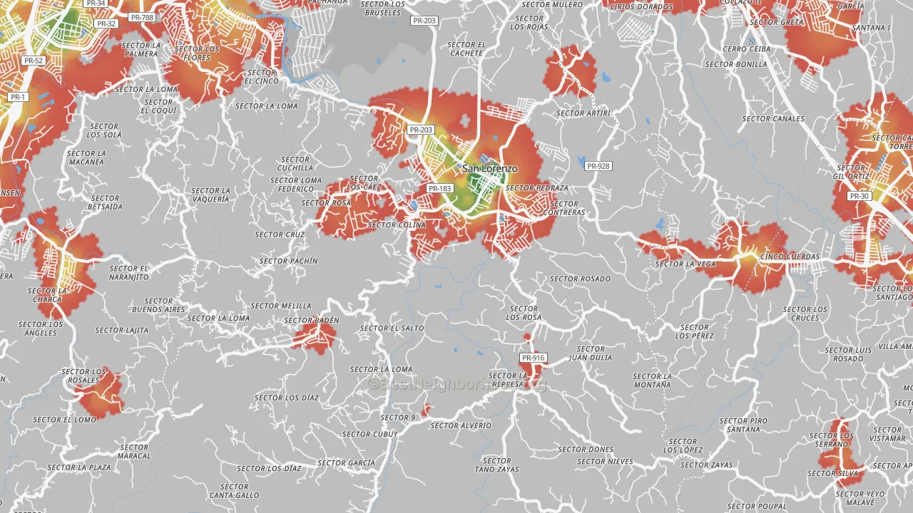 Walk Grade map of San Lorenzo, PR, walkable areas in green and car-dependent areas in red
