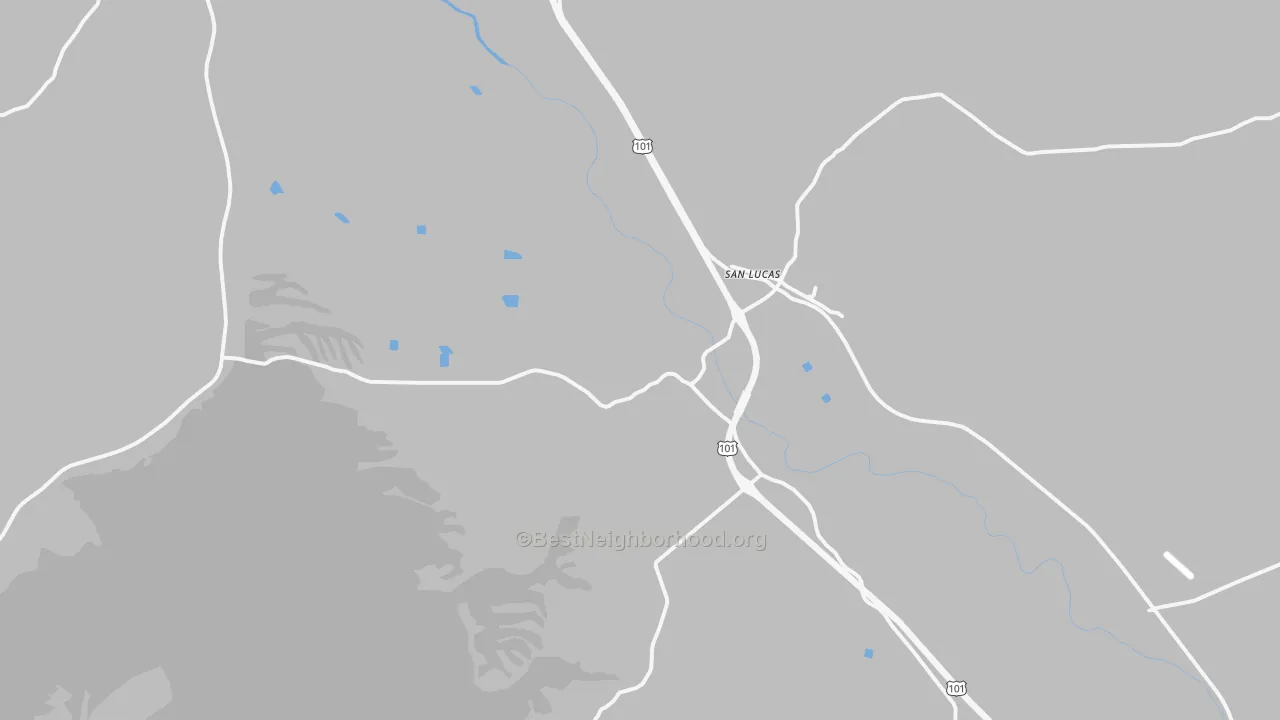 Walk Grade map of San Lucas, CA, walkable areas in green and car-dependent areas in red