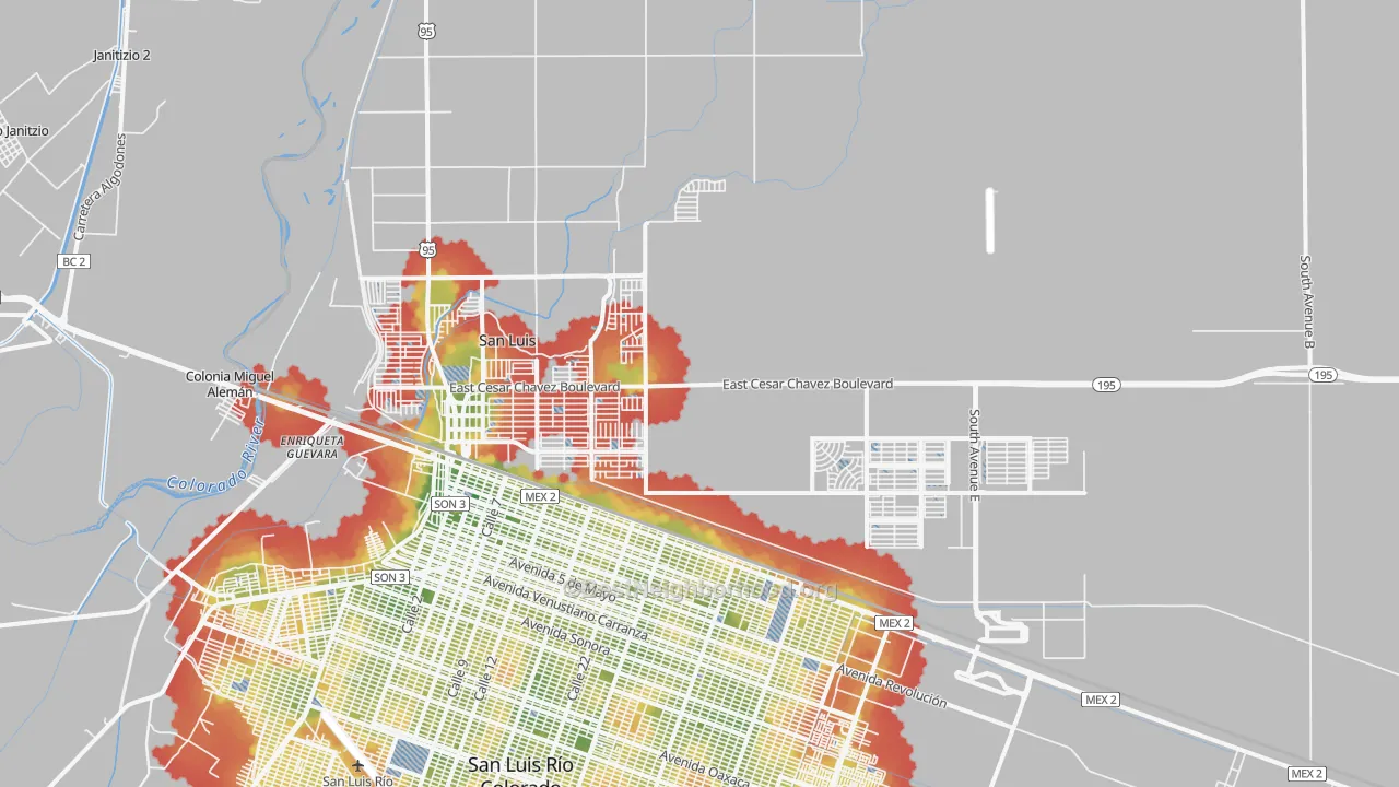 Walk Grade map of San Luis, AZ, walkable areas in green and car-dependent areas in red