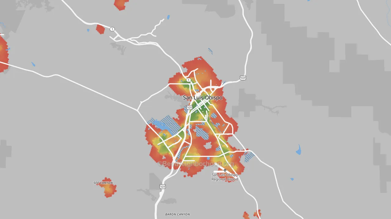 Walk Grade map of San Luis Obispo, CA, walkable areas in green and car-dependent areas in red