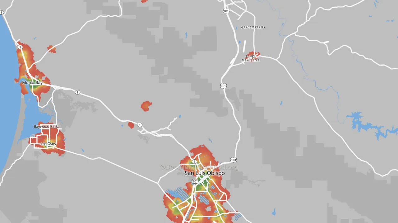 Walk Grade map of San Luis Obispo County, CA, walkable areas in green and car-dependent areas in red