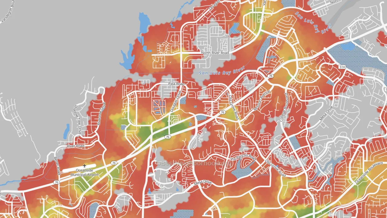 Walk Grade map of San Luis Rey, Oceanside, CA, walkable areas in green and car-dependent areas in red