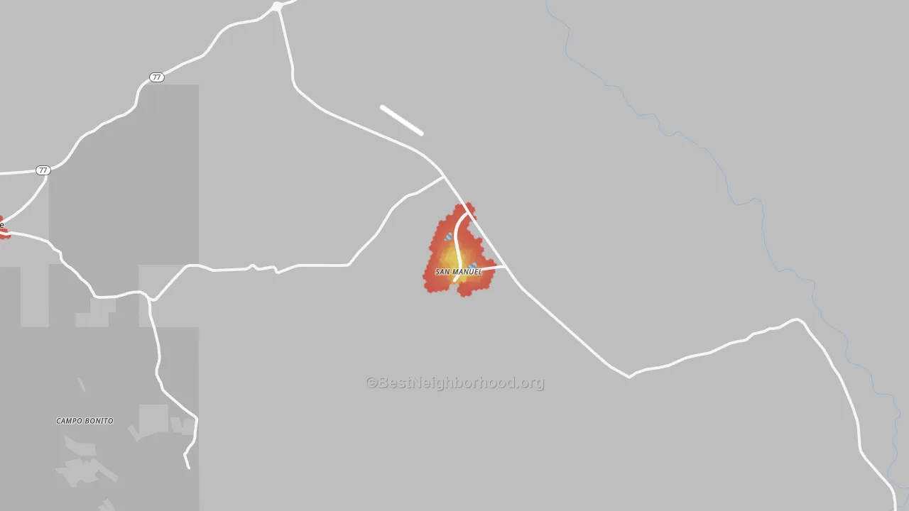Walk Grade map of San Manuel, AZ, walkable areas in green and car-dependent areas in red