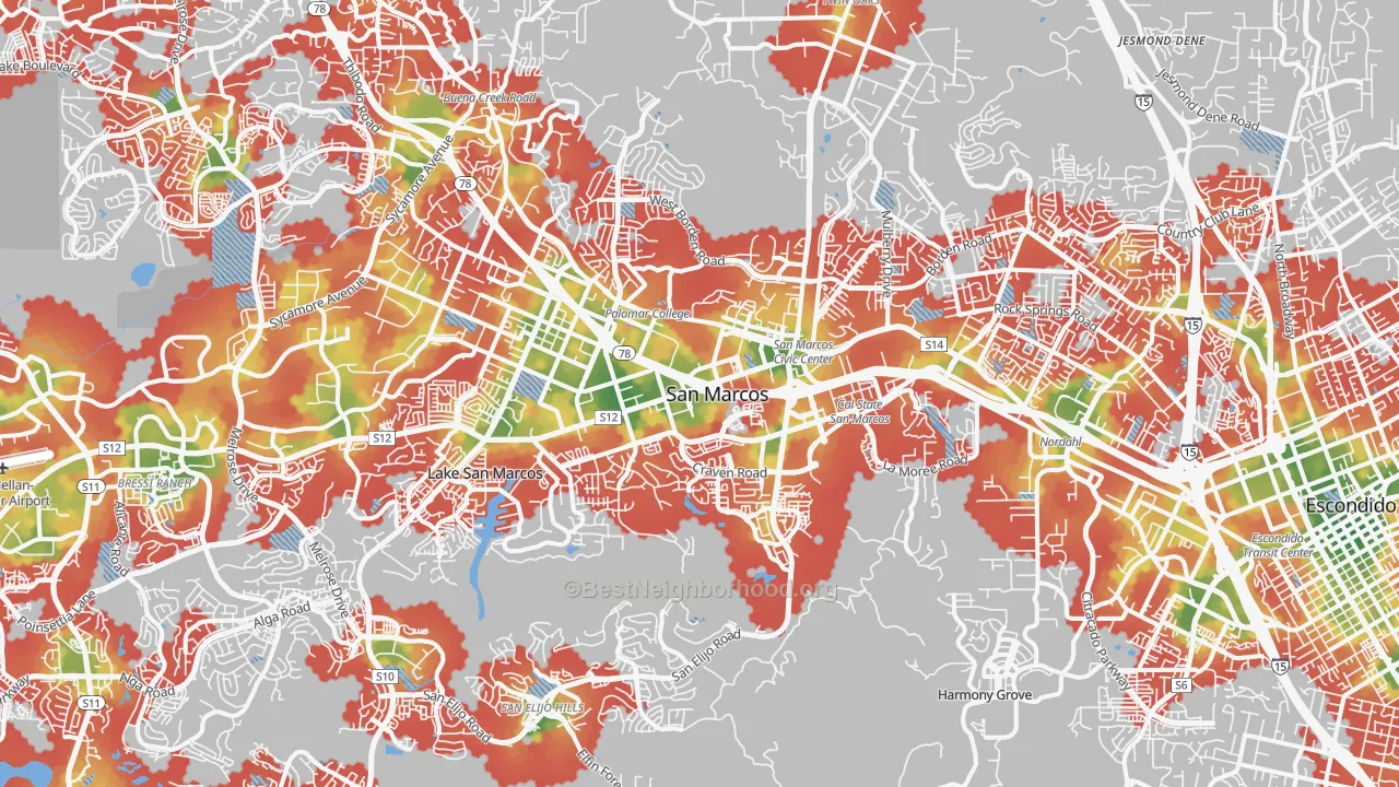 Walk Grade map of San Marcos, CA, walkable areas in green and car-dependent areas in red
