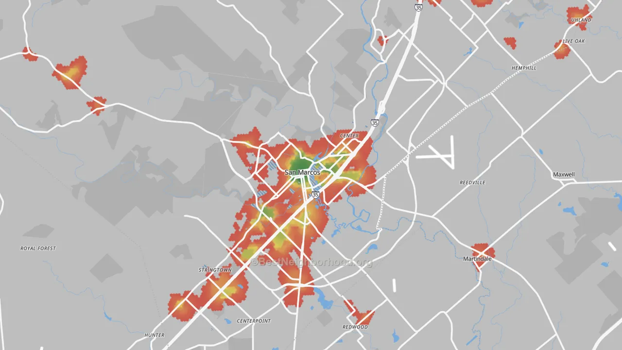 Walk Grade map of San Marcos, TX, walkable areas in green and car-dependent areas in red