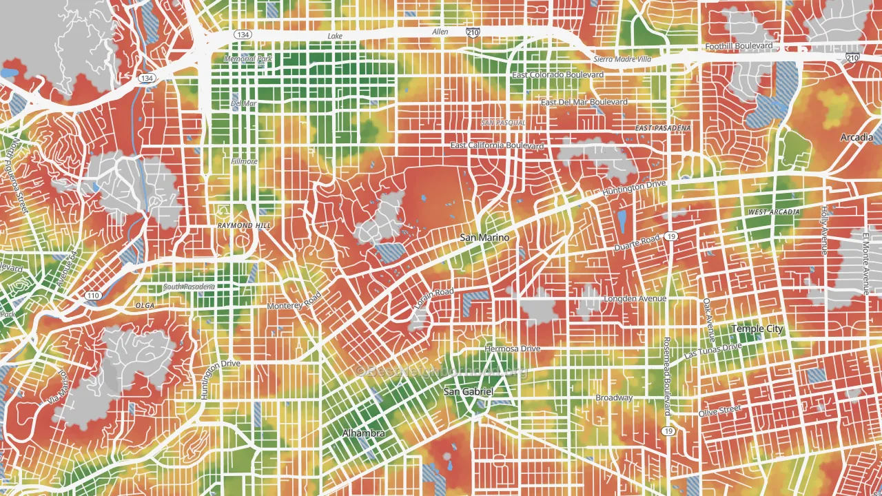 Walk Grade map of San Marino, CA, walkable areas in green and car-dependent areas in red
