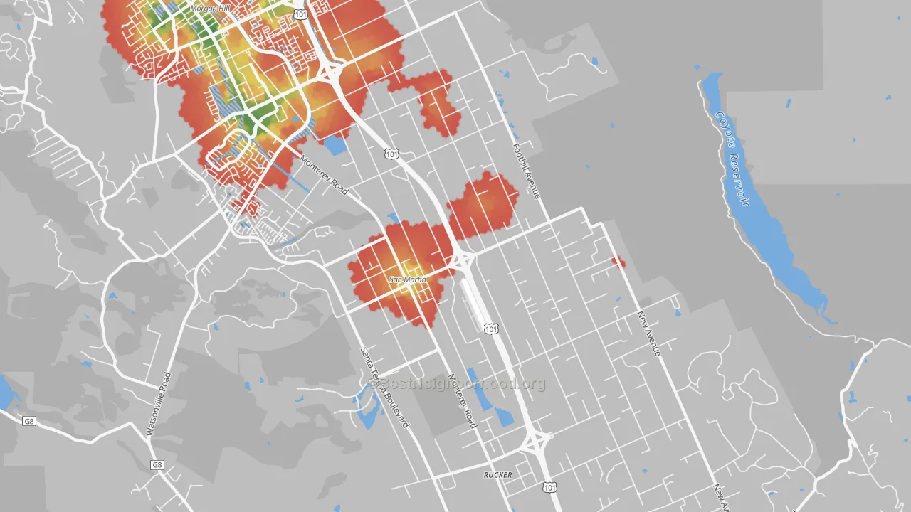 Walk Grade map of San Martin, CA, walkable areas in green and car-dependent areas in red