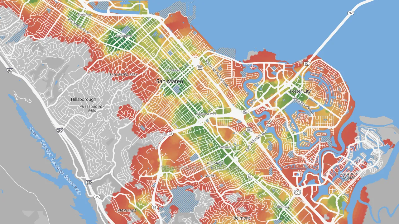 Walk Grade map of San Mateo, CA, walkable areas in green and car-dependent areas in red