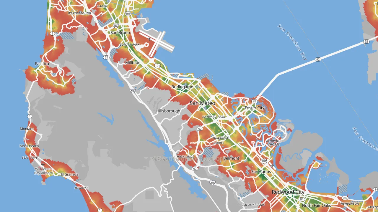 Walk Grade map of San Mateo County, CA, walkable areas in green and car-dependent areas in red