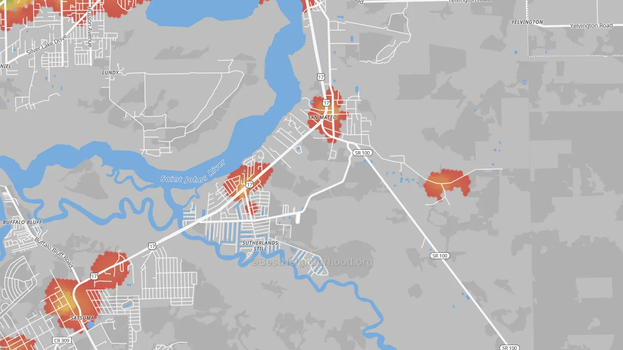 Walk Grade map of San Mateo, FL, walkable areas in green and car-dependent areas in red