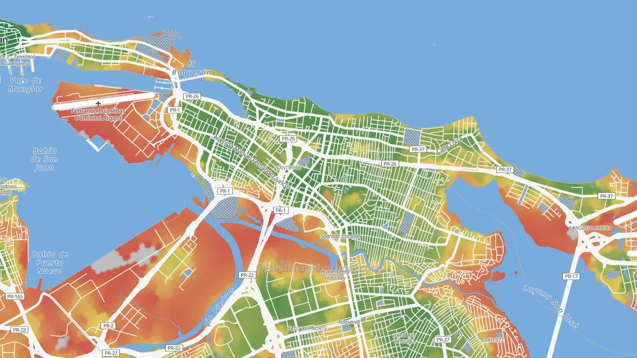 Walk Grade map of San Mateo, San Juan, PR, walkable areas in green and car-dependent areas in red