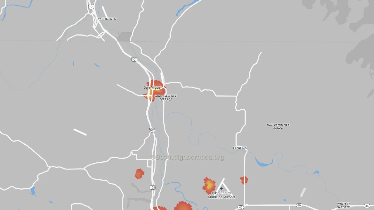 Walk Grade map of San Miguel, CA, walkable areas in green and car-dependent areas in red