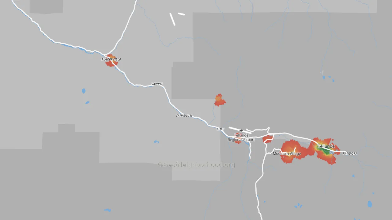 Walk Grade map of San Miguel County, CO, walkable areas in green and car-dependent areas in red