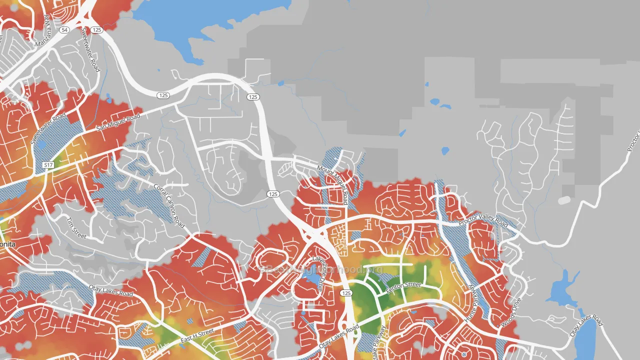 Walk Grade map of San Miguel Ranch, Chula Vista, CA, walkable areas in green and car-dependent areas in red