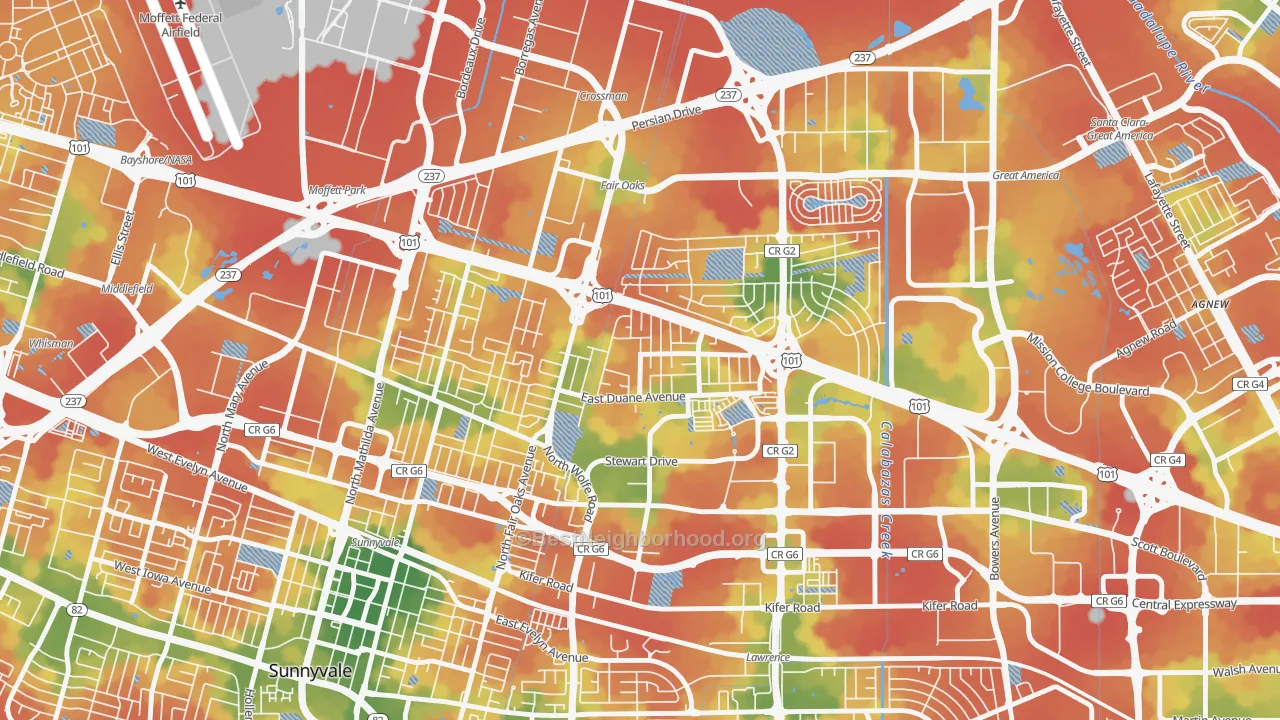 Walk Grade map of San Miguel, Sunnyvale, CA, walkable areas in green and car-dependent areas in red