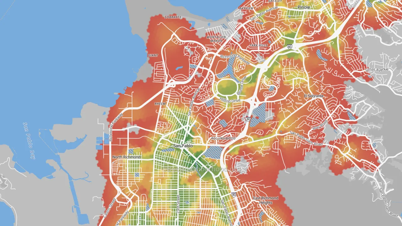 Walk Grade map of San Pablo, CA, walkable areas in green and car-dependent areas in red