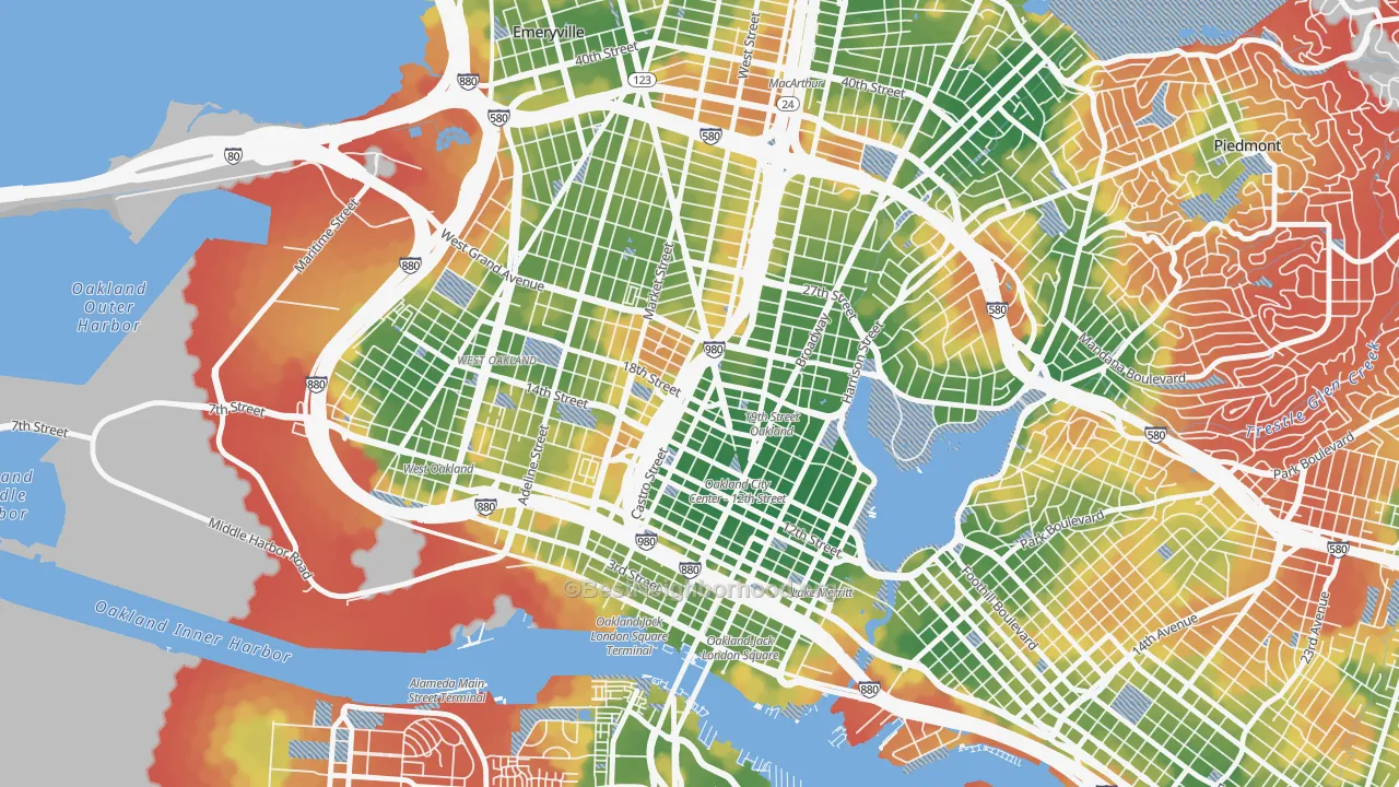 Walk Grade map of San Pablo Gateway, Oakland, CA, walkable areas in green and car-dependent areas in red