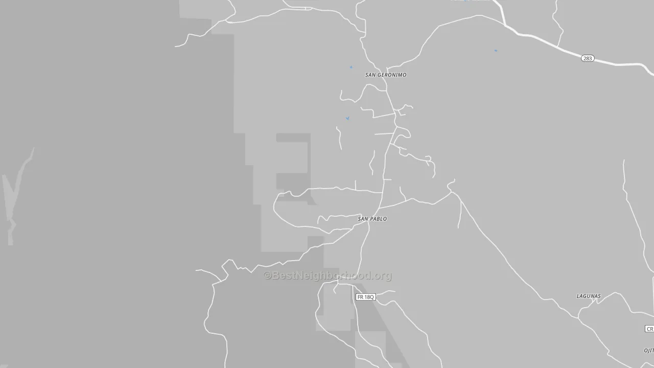 Walk Grade map of San Pablo, NM, walkable areas in green and car-dependent areas in red