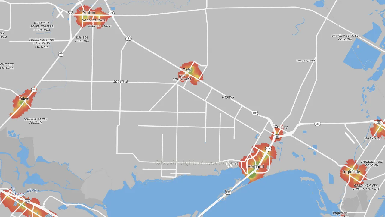 Walk Grade map of San Patricio County, TX, walkable areas in green and car-dependent areas in red