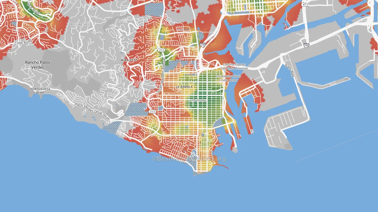 Walk Grade map of San Pedro, CA, walkable areas in green and car-dependent areas in red