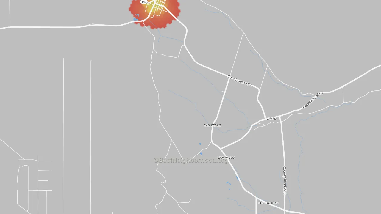 Walk Grade map of San Pedro, CO, walkable areas in green and car-dependent areas in red