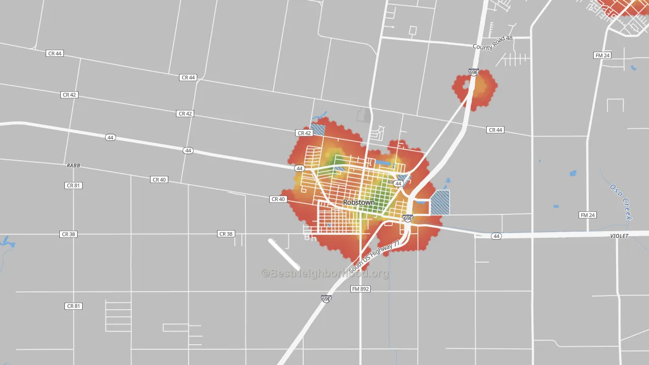 Walk Grade map of San Pedro, Robstown, TX, walkable areas in green and car-dependent areas in red