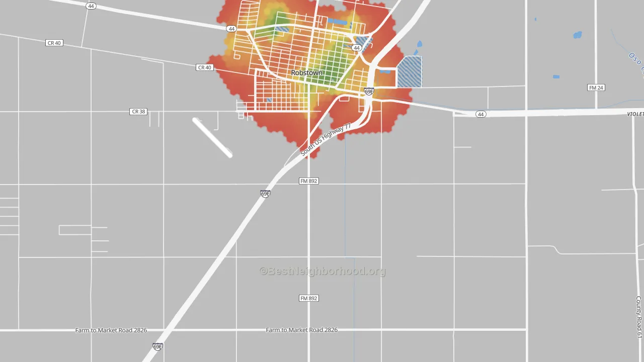 Walk Grade map of San Pedro, TX, walkable areas in green and car-dependent areas in red