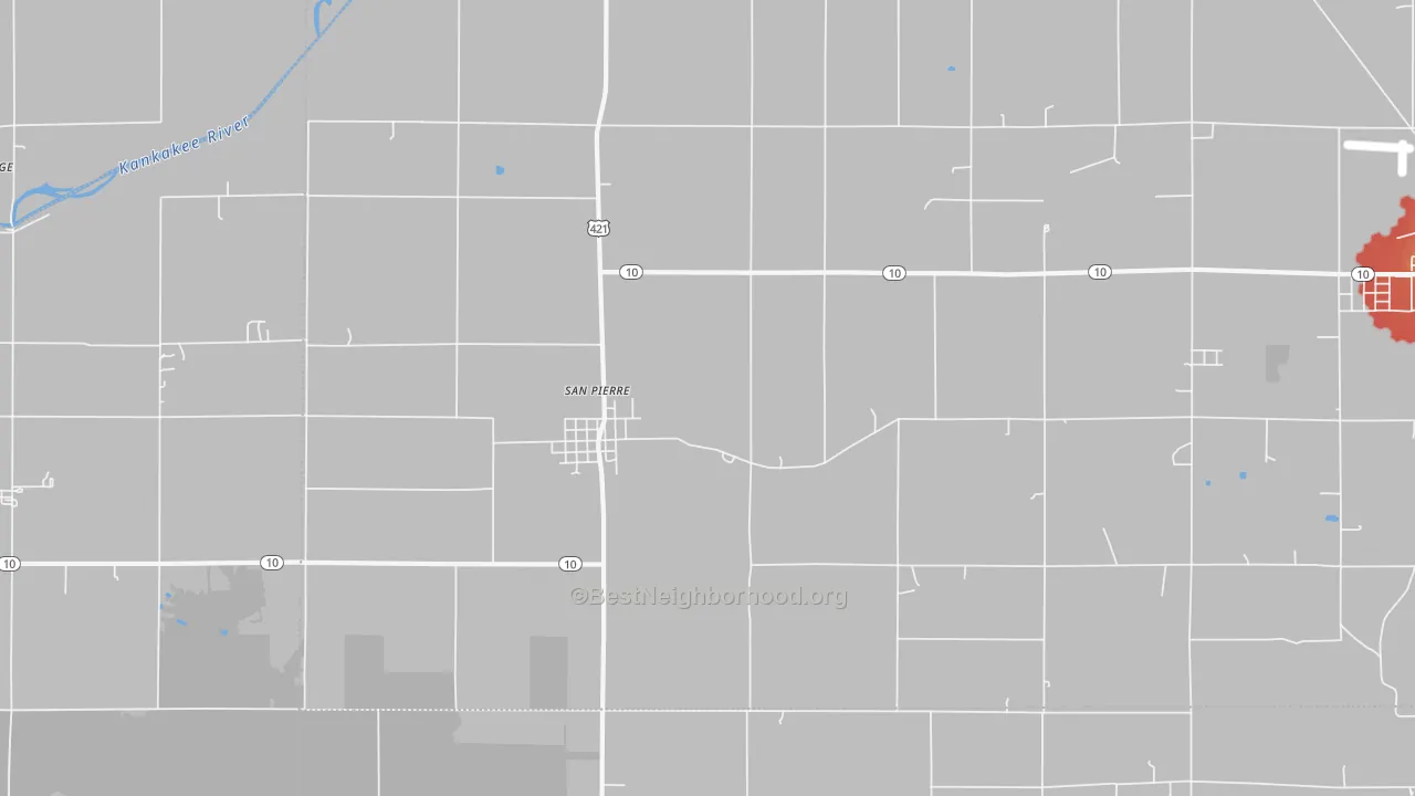 Walk Grade map of San Pierre, IN, walkable areas in green and car-dependent areas in red