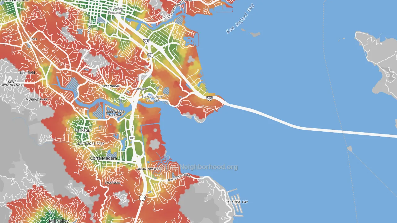 Walk Grade map of San Quentin, CA, walkable areas in green and car-dependent areas in red