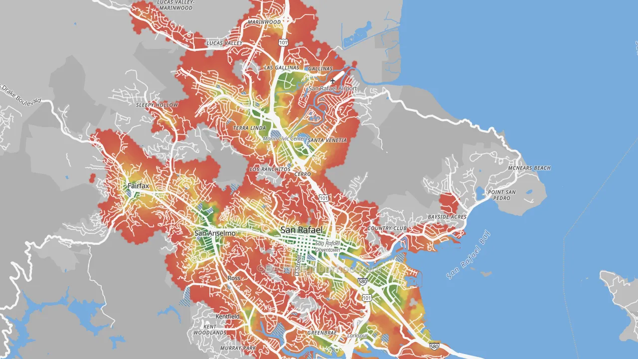 Walk Grade map of San Rafael, CA, walkable areas in green and car-dependent areas in red