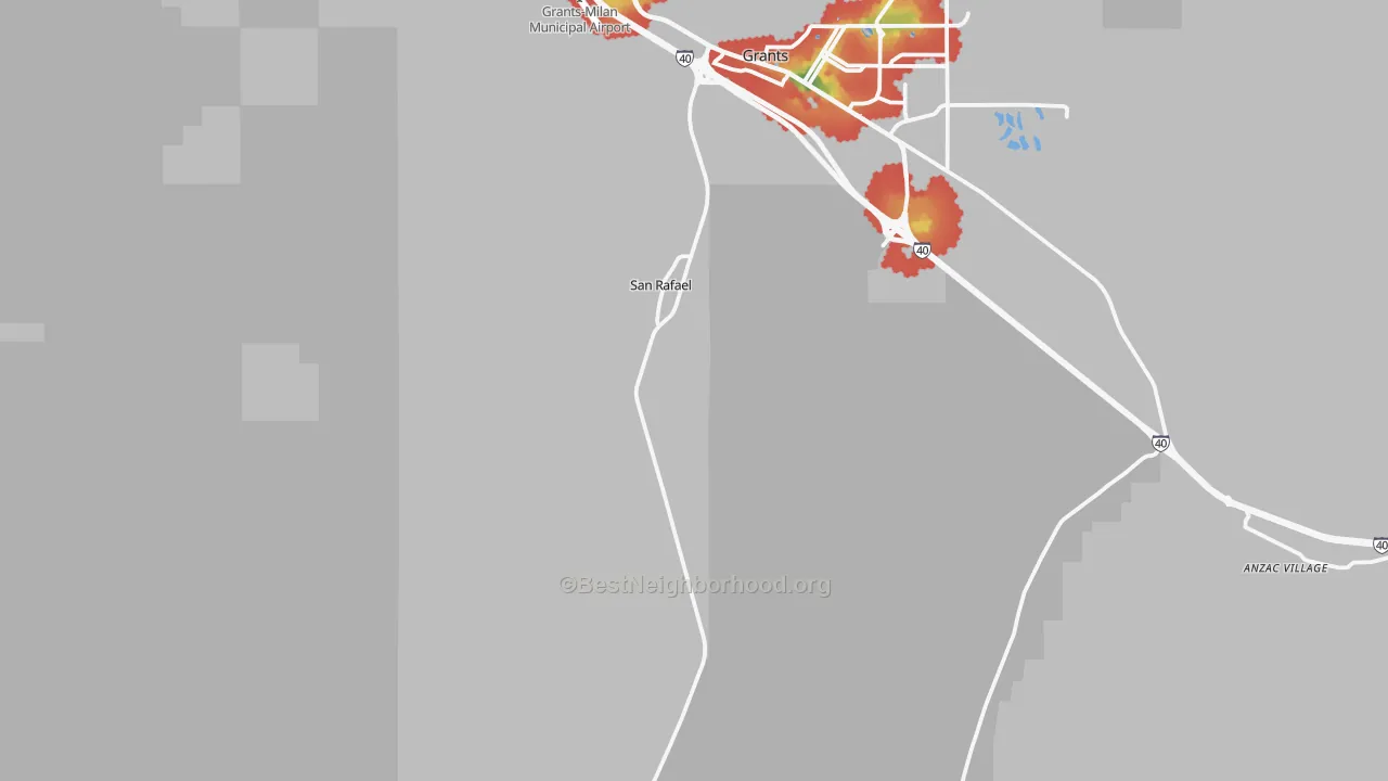 Walk Grade map of San Rafael, NM, walkable areas in green and car-dependent areas in red