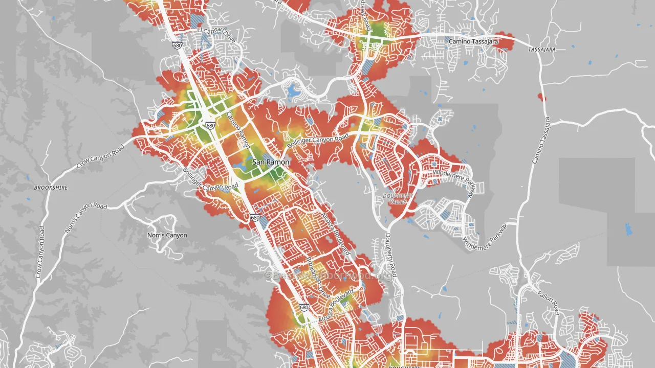 Walk Grade map of San Ramon, CA, walkable areas in green and car-dependent areas in red