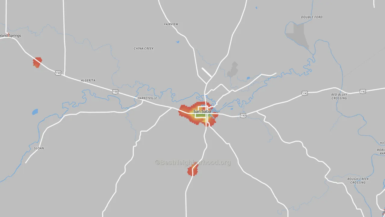 Walk Grade map of San Saba, TX, walkable areas in green and car-dependent areas in red