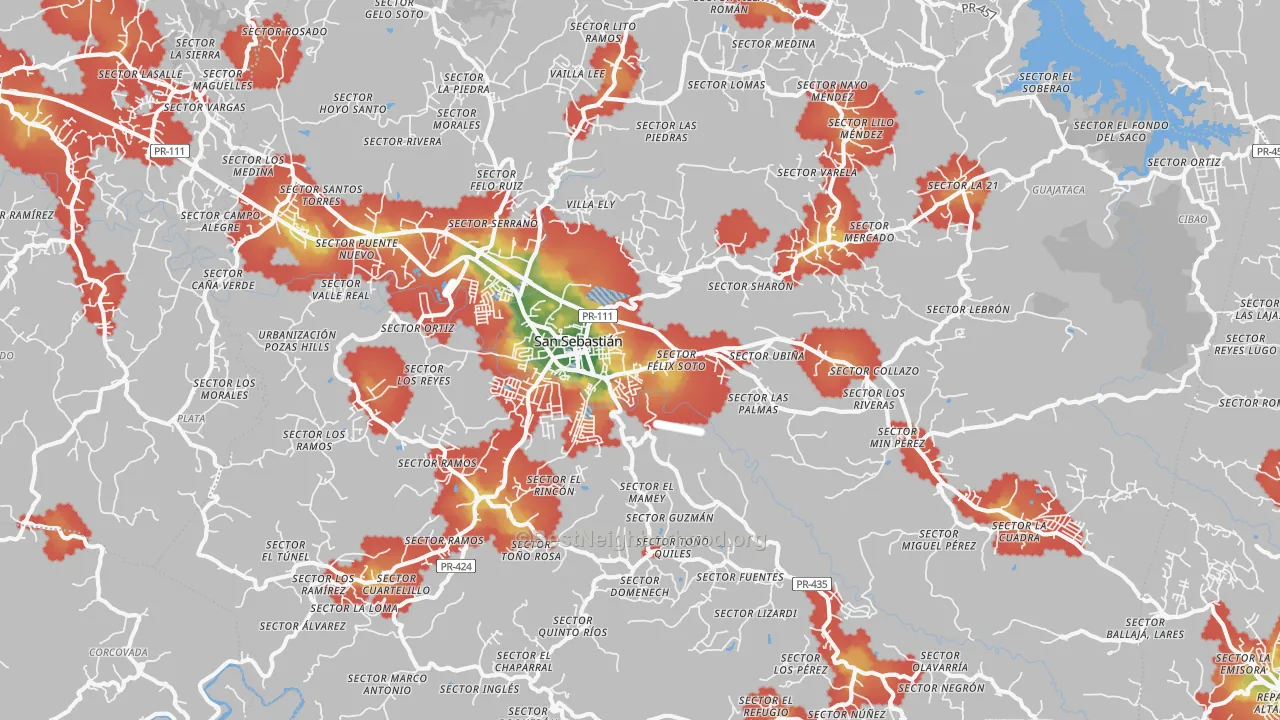 Walk Grade map of San Sebastian Municipio, PR, walkable areas in green and car-dependent areas in red