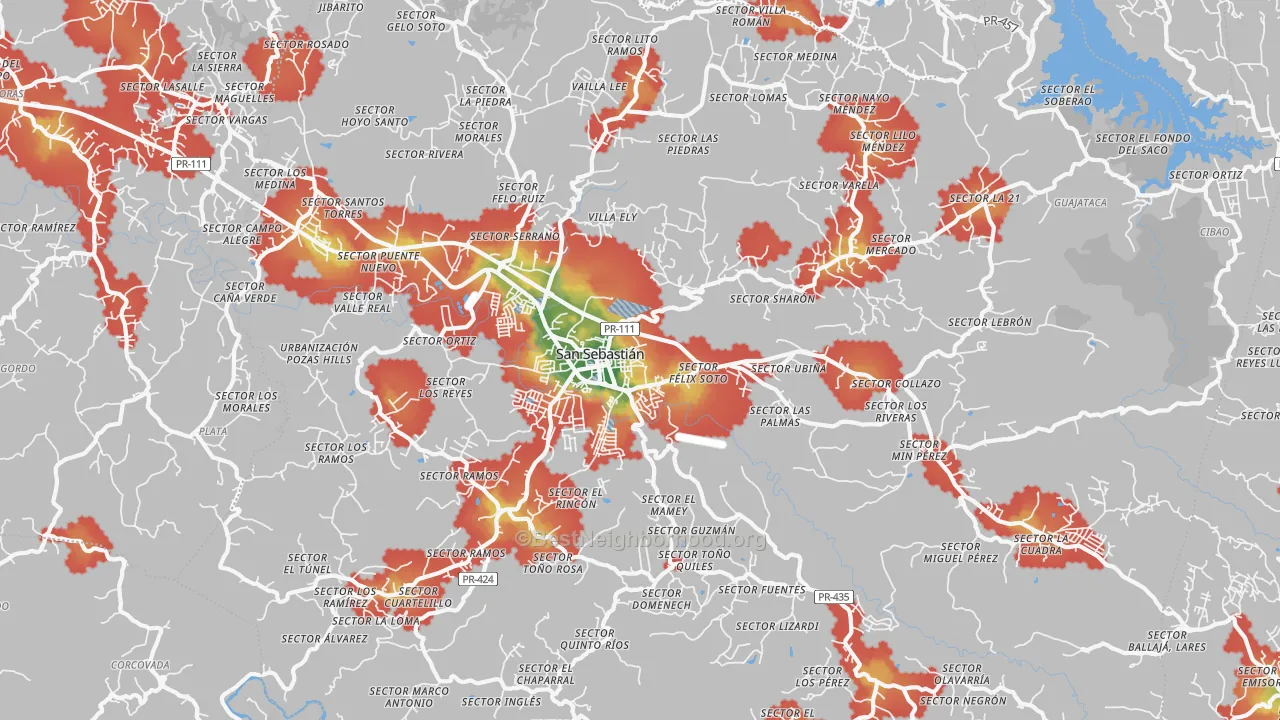 Walk Grade map of San Sebastian, PR, walkable areas in green and car-dependent areas in red