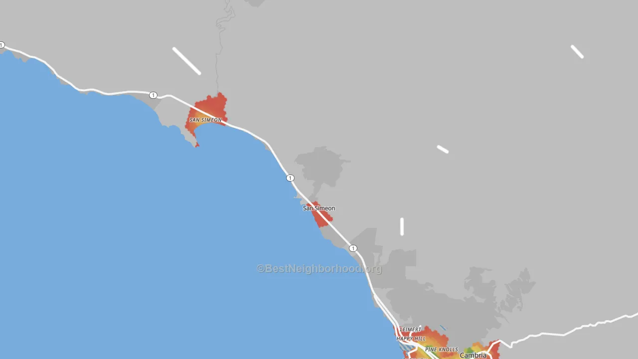Walk Grade map of San Simeon, CA, walkable areas in green and car-dependent areas in red