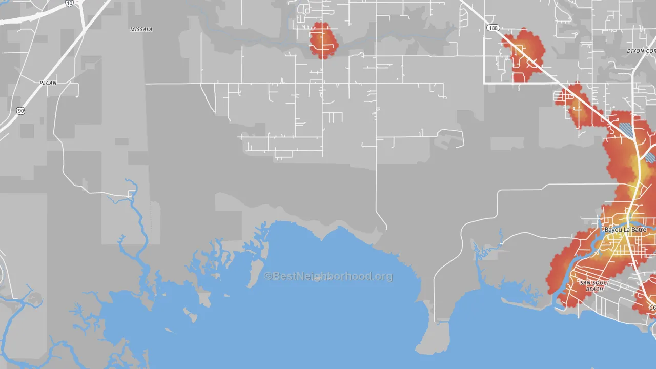 Walk Grade map of San Souci Beach, AL, walkable areas in green and car-dependent areas in red