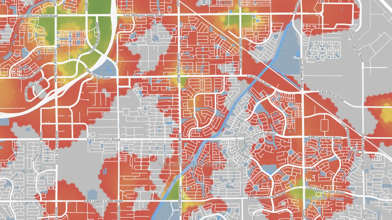 Walk Grade map of San Tan Ranch, Gilbert, AZ, walkable areas in green and car-dependent areas in red
