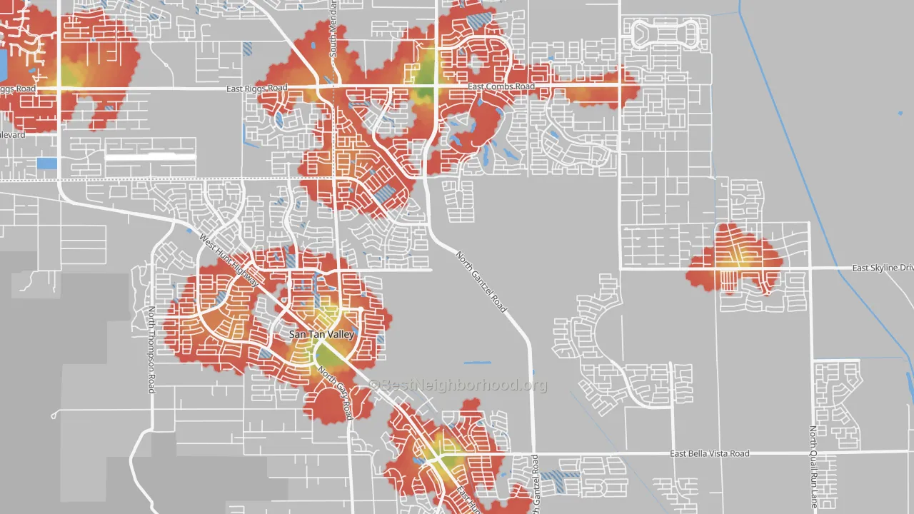 Walk Grade map of San Tan Valley, AZ, walkable areas in green and car-dependent areas in red
