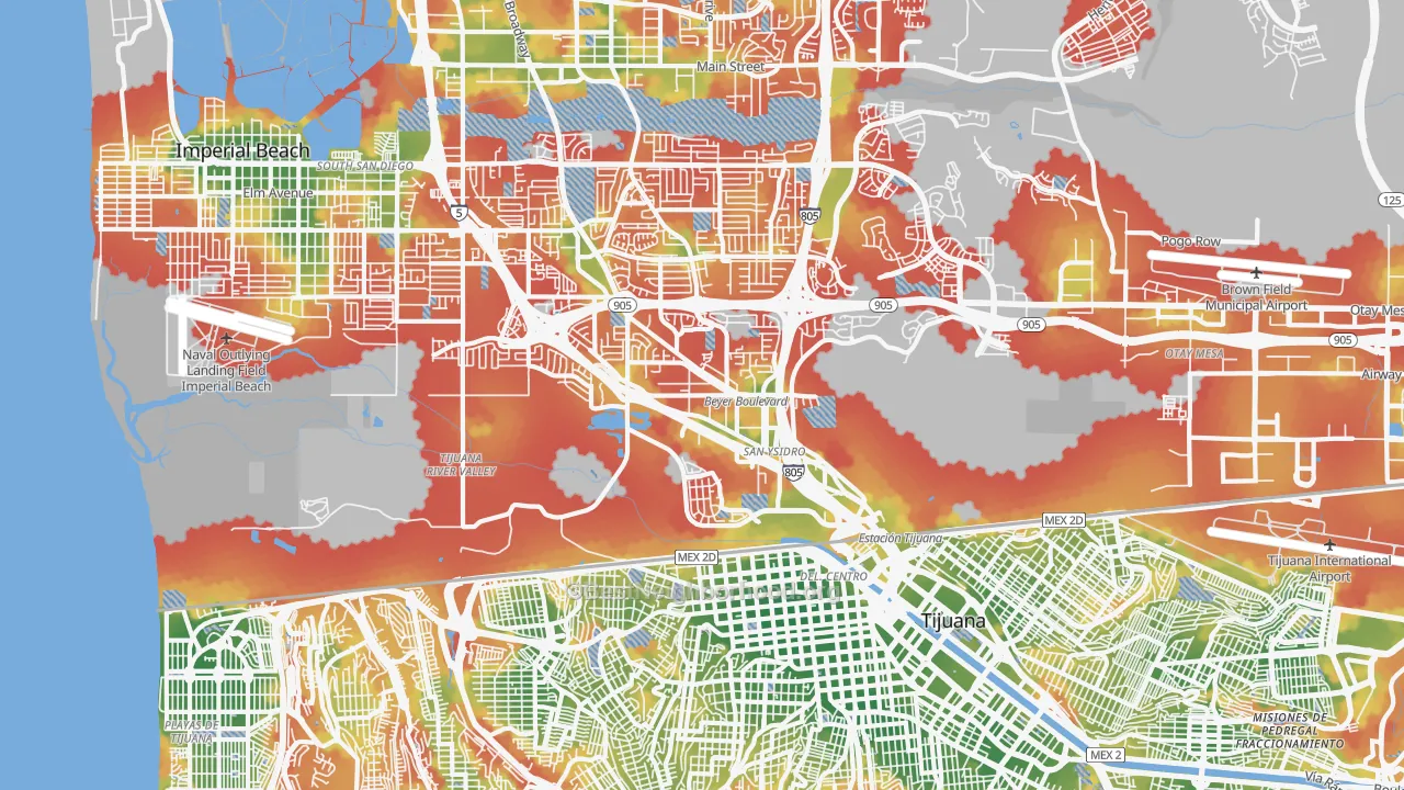 Walk Grade map of San Ysidro, CA, walkable areas in green and car-dependent areas in red