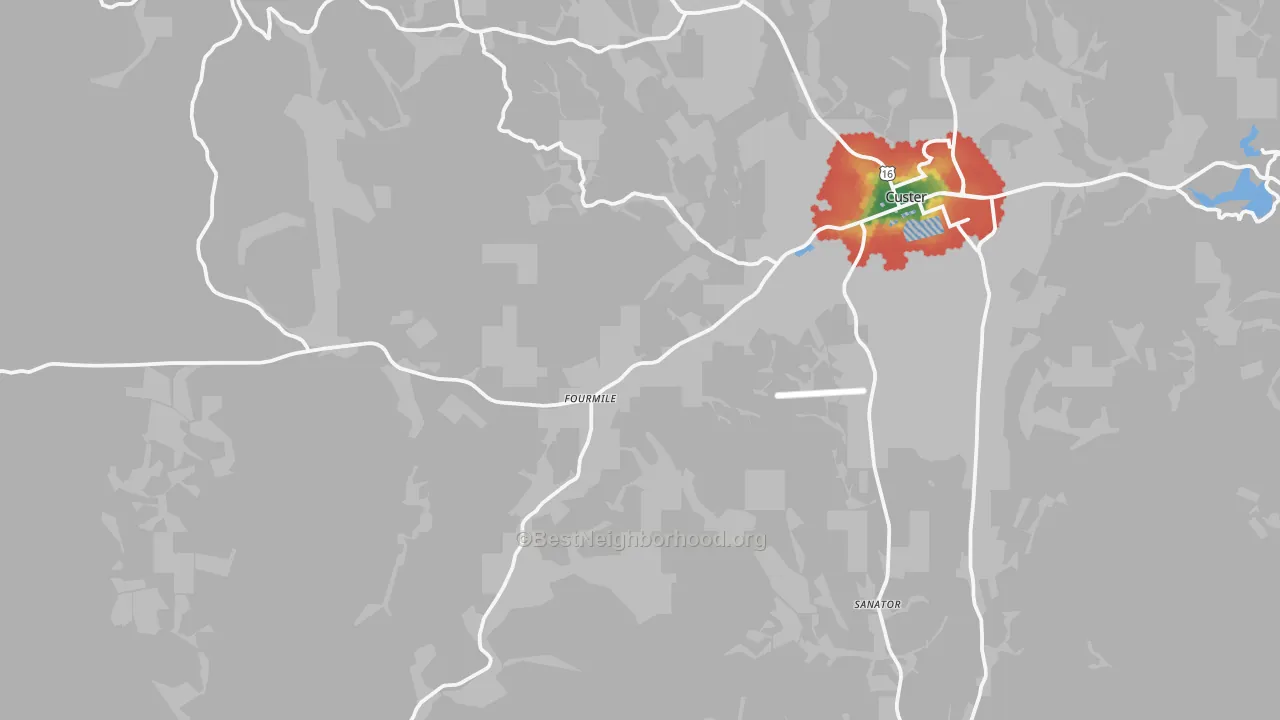 Walk Grade map of Sanator, SD, walkable areas in green and car-dependent areas in red