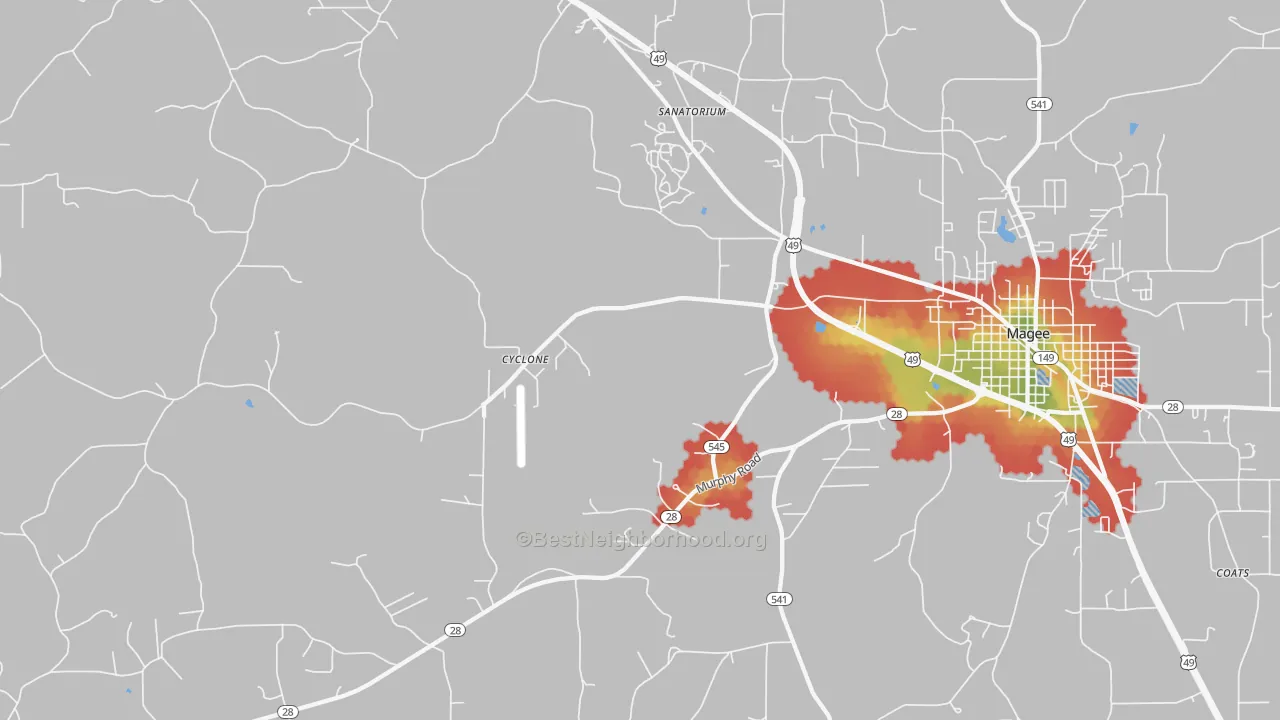 Walk Grade map of Sanatorium, MS, walkable areas in green and car-dependent areas in red