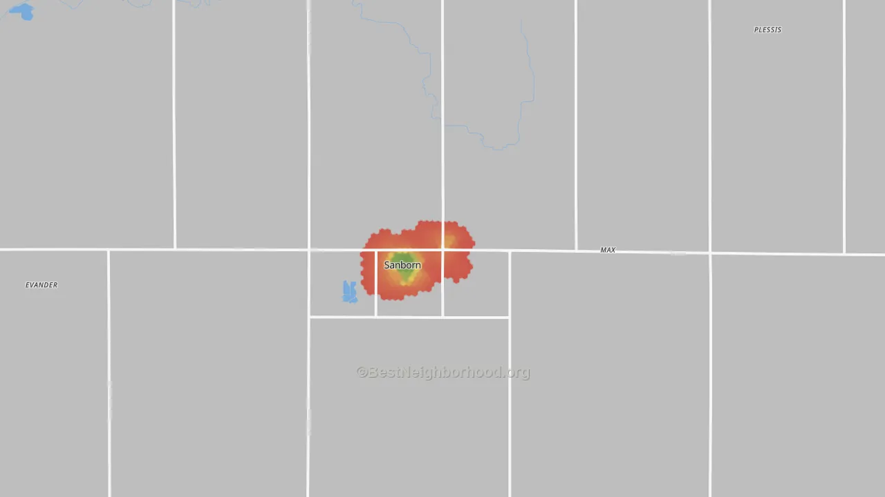 Walk Grade map of Sanborn, IA, walkable areas in green and car-dependent areas in red
