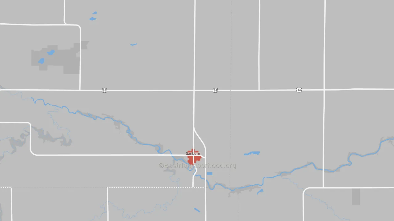 Walk Grade map of Sanborn, MN, walkable areas in green and car-dependent areas in red