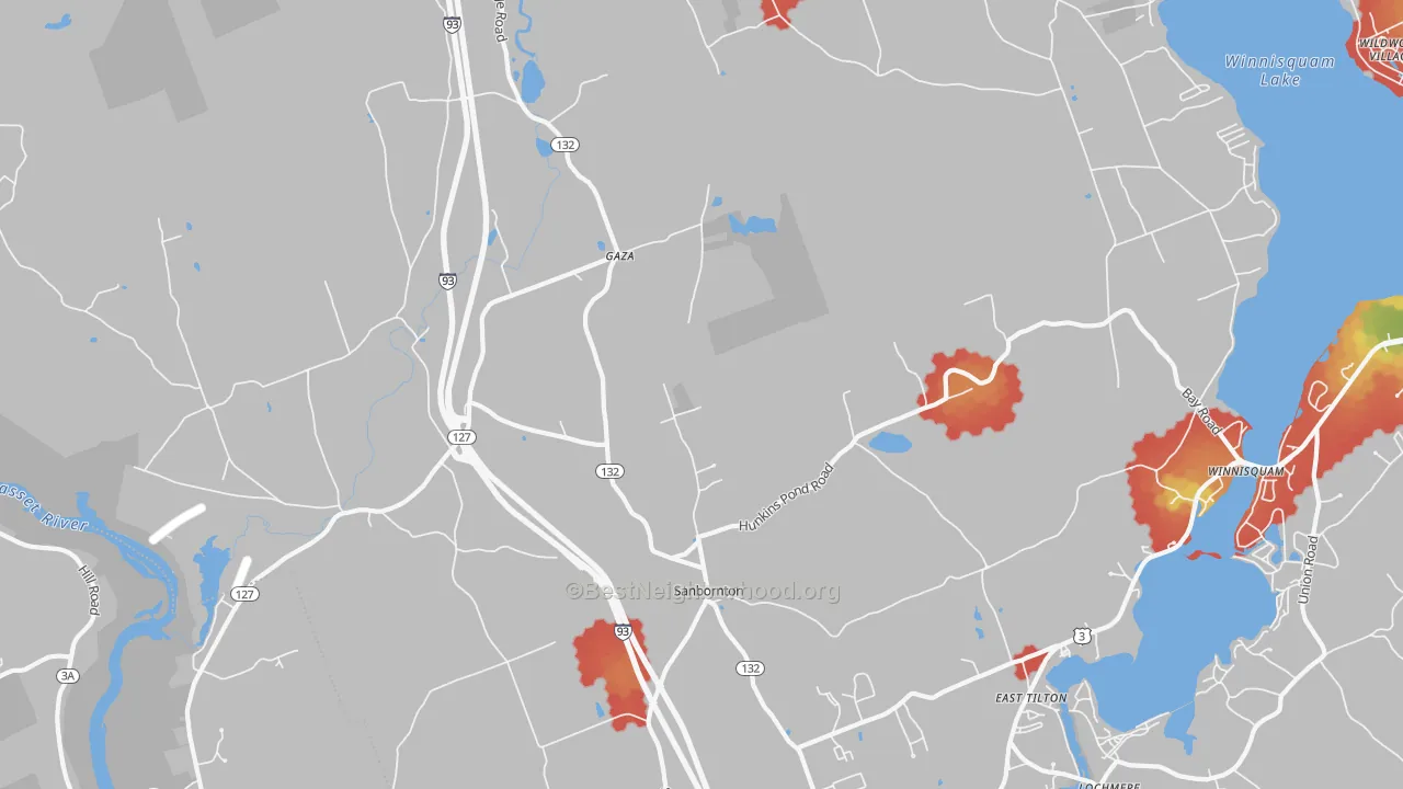 Walk Grade map of Sanbornton, NH, walkable areas in green and car-dependent areas in red