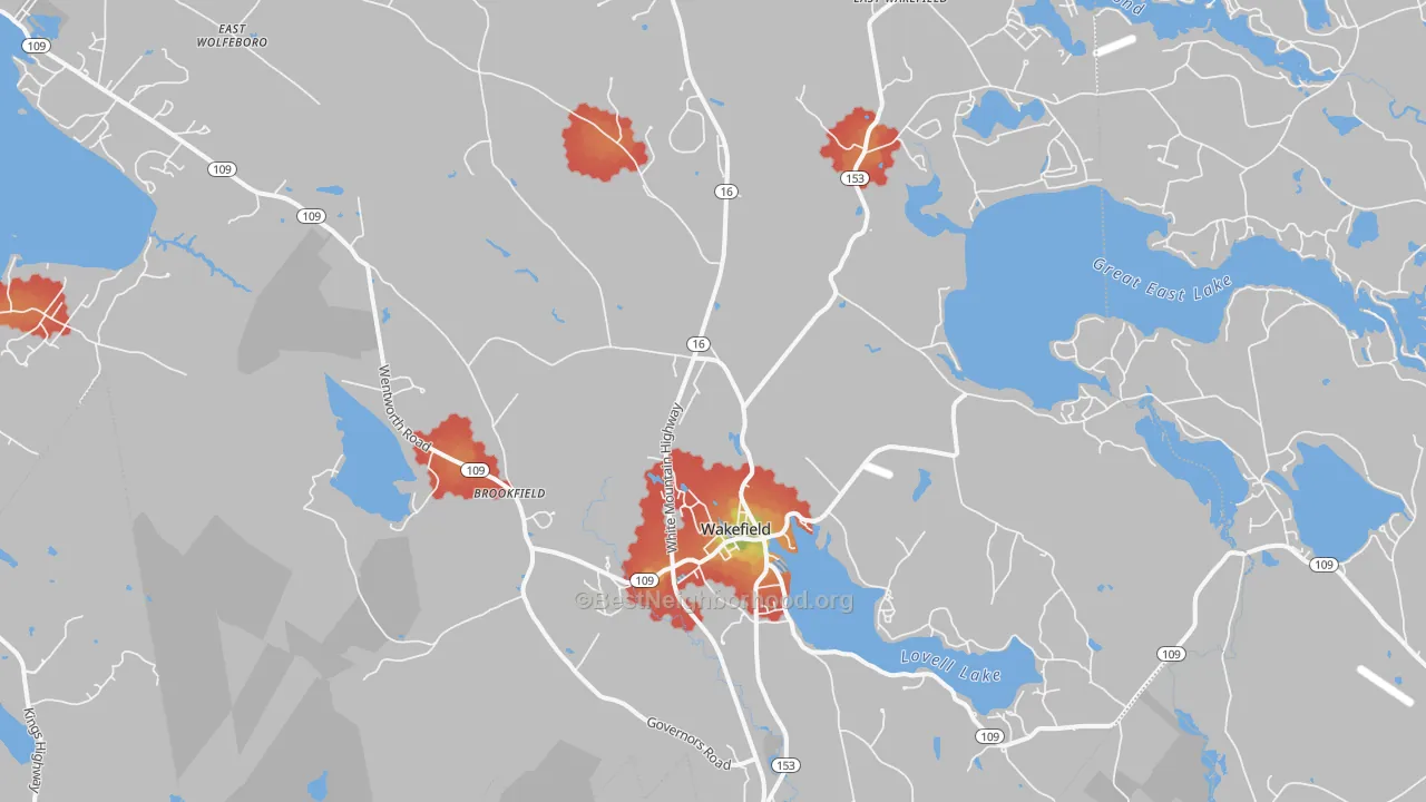 Walk Grade map of Sanbornville, NH, walkable areas in green and car-dependent areas in red