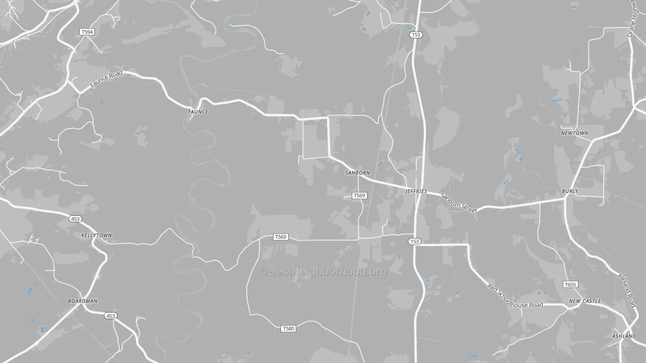 Walk Grade map of Sanbourn, PA, walkable areas in green and car-dependent areas in red