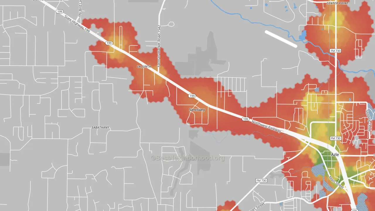 Walk Grade map of Sanctuary, TX, walkable areas in green and car-dependent areas in red