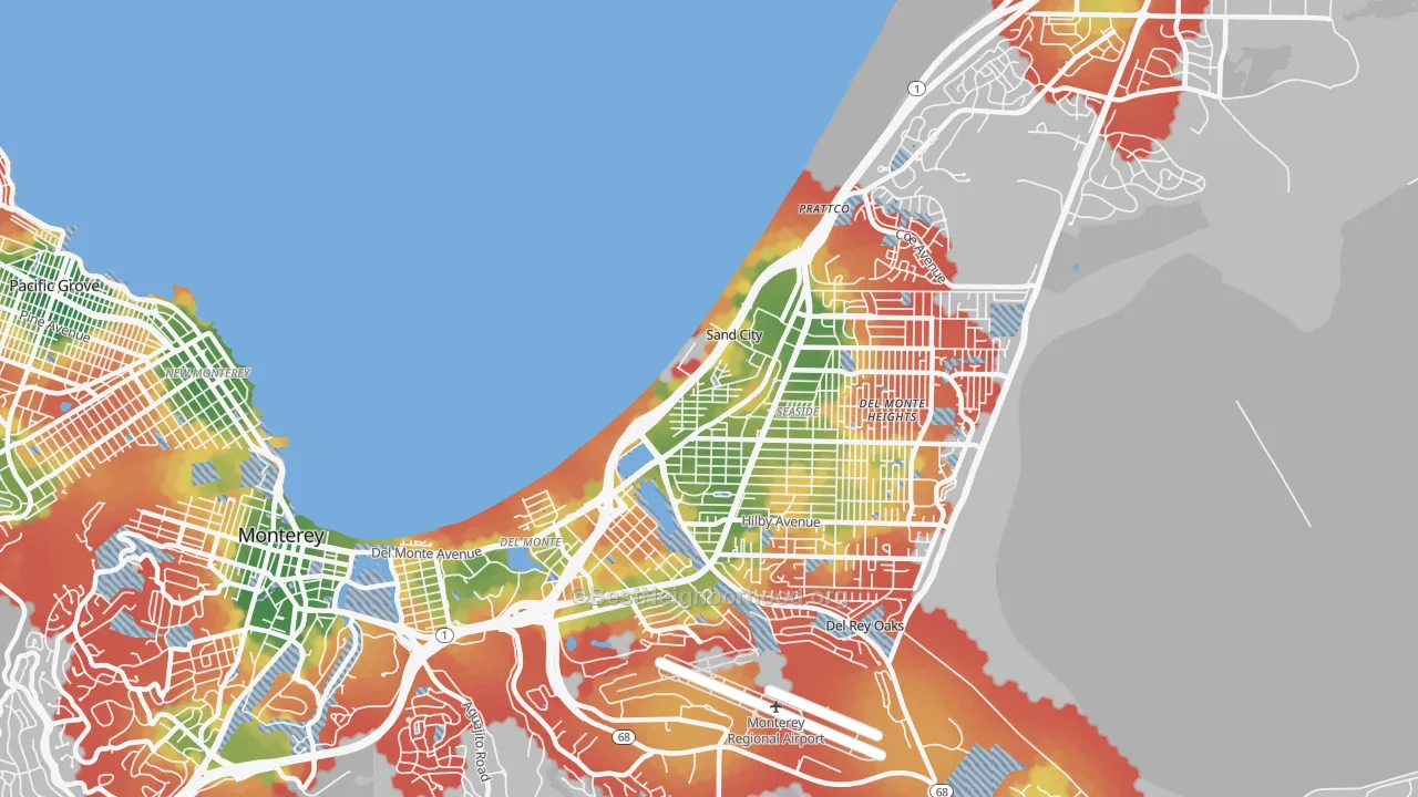 Walk Grade map of Sand City, CA, walkable areas in green and car-dependent areas in red