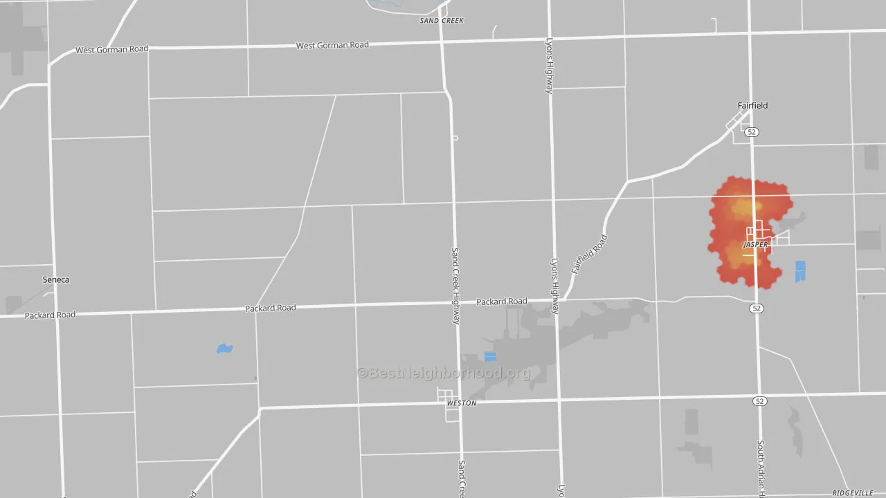 Walk Grade map of Sand Creek, MI, walkable areas in green and car-dependent areas in red